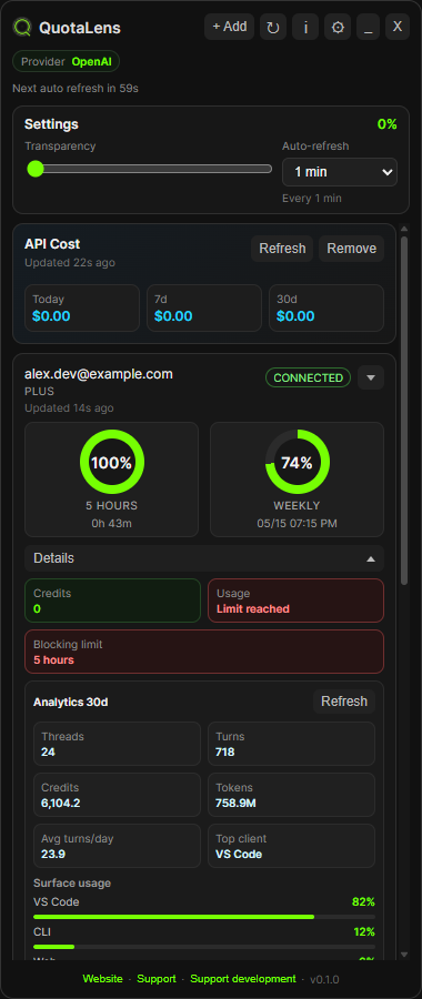 QuotaLens settings panel showing transparency and auto-refresh controls.